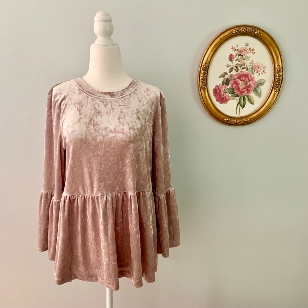 Cupio Crushed Velvet Babydoll Bell Sleeve Top